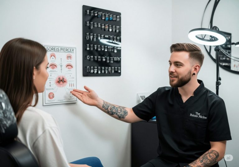 Pierceur professionnel conseillant une cliente dans un studio moderne, avec présentoir de bijoux en arrière-plan, interaction professionnelle et bienveillante, éclairage studio professionnel
