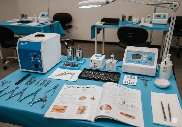 Salle de formation avec matériel de piercing professionnel disposé sur table, manuel de formation ouvert, ambiance pédagogique moderne et professionnelle