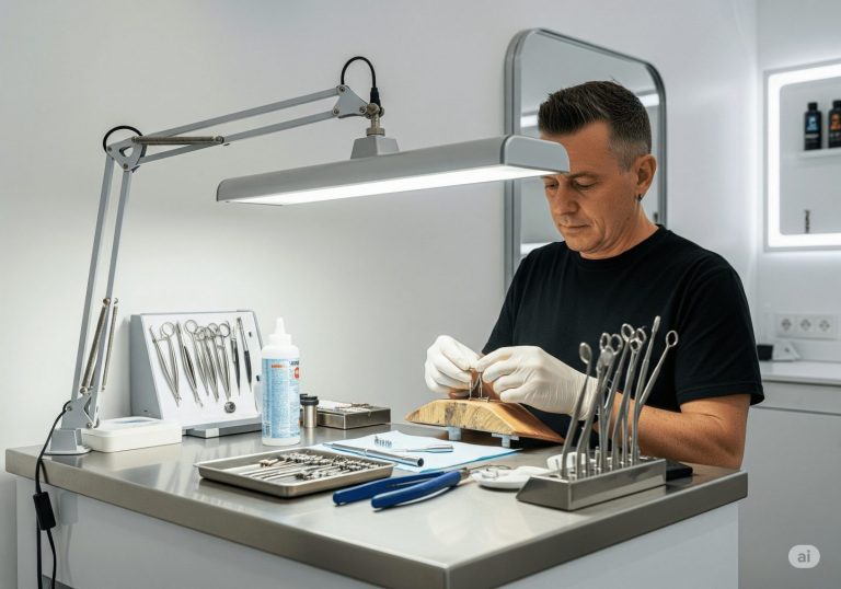 Professionnel pierceur dans un studio moderne et lumineux, portant des gants stériles, avec du matériel de piercing professionnel sur un plan de travail propre, ambiance professionnelle et hygiénique