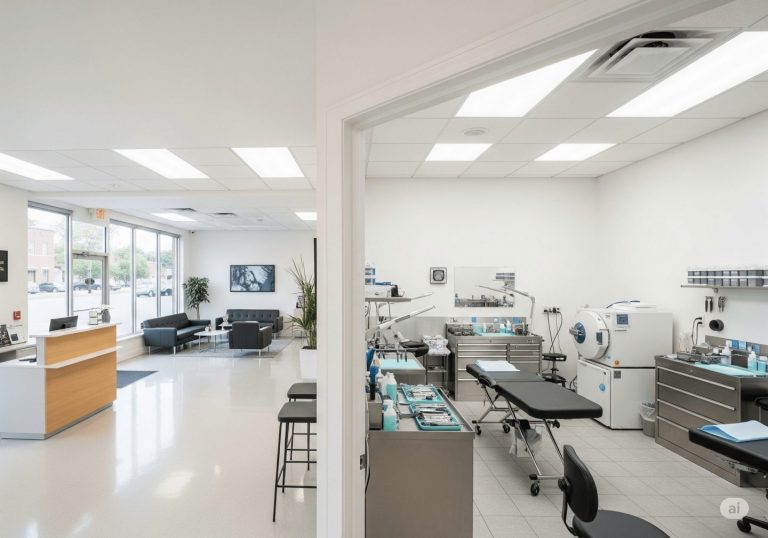 Studio de piercing moderne et lumineux avec zone d'accueil, espace de soin séparé, matériel professionnel visible, design épuré et hygiénique