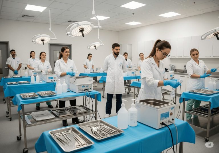 Photo professionnelle d'une salle de formation moderne avec des participants en blouse blanche apprenant les techniques de stérilisation, matériel médical visible, ambiance pédagogique claire et rassurante