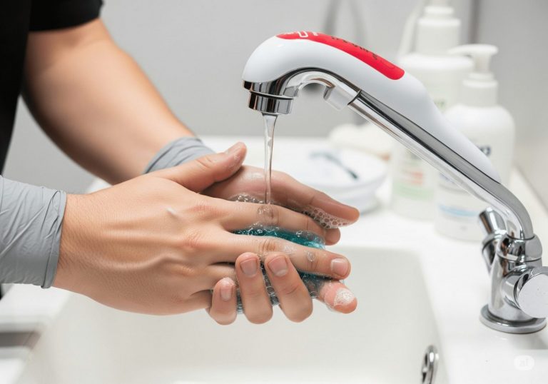 Mains de pierceur professionnel effectuant le lavage chirurgical des mains, savon antiseptique, technique médicale rigoureuse, robinet à commande non manuelle, ambiance sanitaire