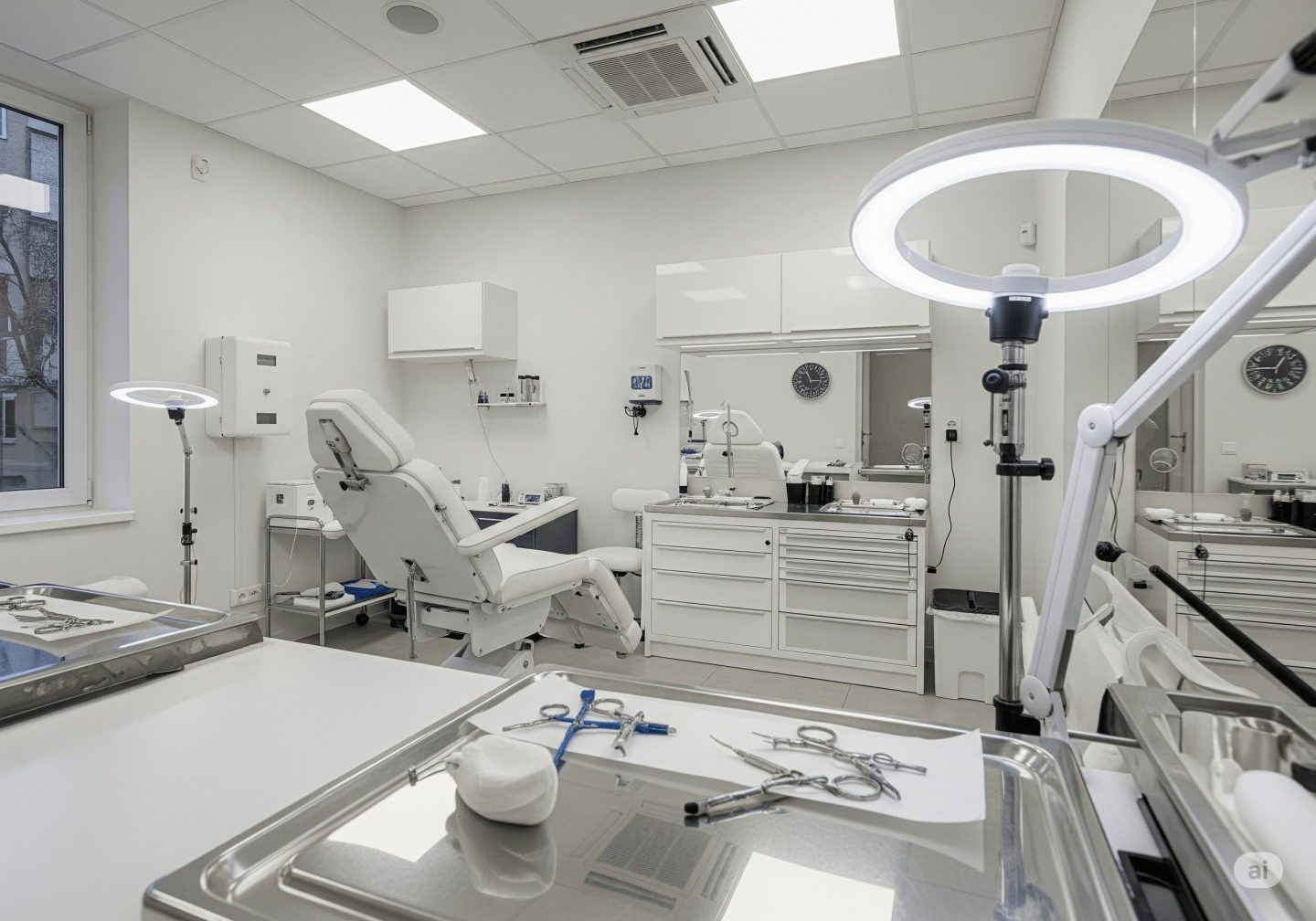 Intérieur moderne d'une cabine de piercing professionnelle, murs blancs lisses, fauteuil de soins ergonomique, éclairage LED puissant, surfaces métalliques brillantes, ambiance médicale et rassurante