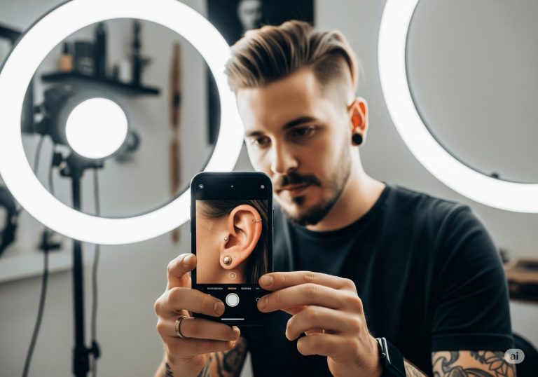 Pierceur professionnel photographiant avec un smartphone sa dernière réalisation, bijou doré brillant sur oreille, éclairage parfait, setup Instagram, ambiance créative moderne