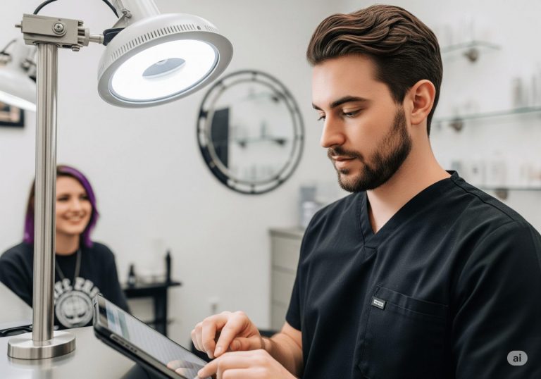 Pierceur consultant son planning sur tablette numérique, client souriant en arrière-plan, salon moderne, suivi client professionnel, technologie au service de la relation client