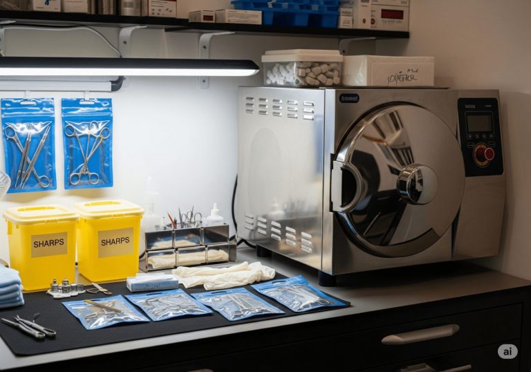 Poste de travail de pierceur professionnel avec containers DASRI jaunes étiquetés, autoclave en inox, instruments stérilisés sous sachets, gants jetables, ambiance médicale rigoureuse