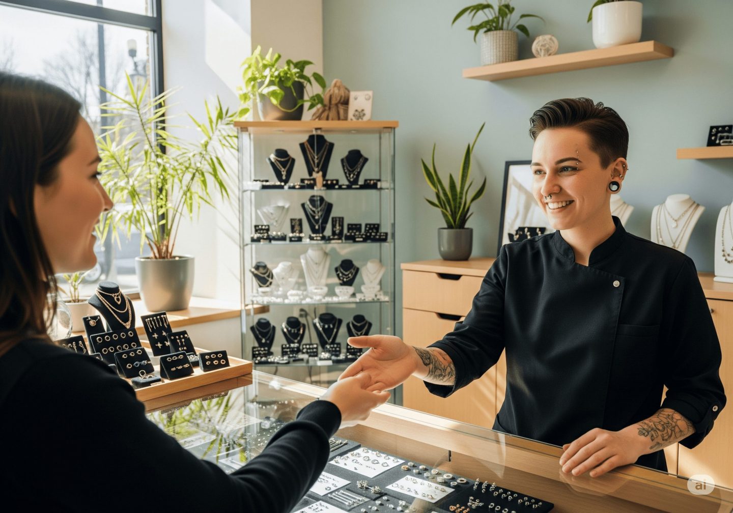 Pierceur salarié souriant accueillant une cliente dans un salon moderne, ambiance chaleureuse et professionnelle, vitrine de bijoux en arrière-plan, lumière naturelle