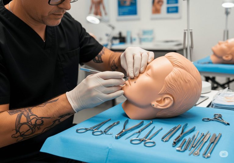Formation pratique de piercing, formateur expérimenté montrant la technique sur mannequin d'entraînement, outils stérilisés disposés méthodiquement, environnement pédagogique professionnel