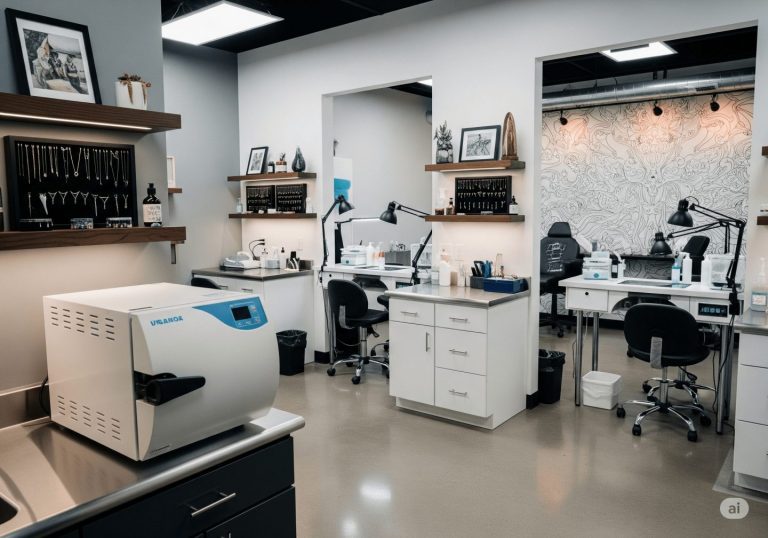 Studio de piercing moderne et parfaitement organisé, autoclave professionnel en évidence, espaces de travail séparés, ambiance médicale et artistique à la fois, éclairage optimal