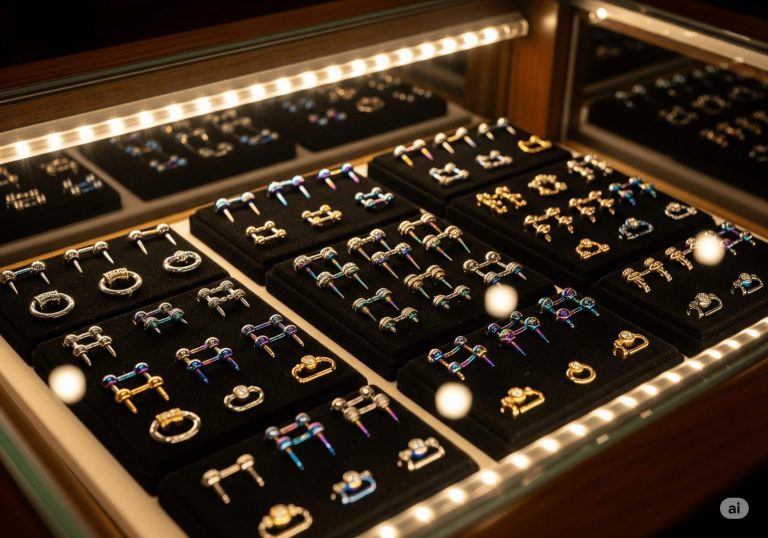Vitrine élégante présentant des bijoux de piercing haut de gamme en titane et or, éclairage professionnel, reflets sur les métaux, ambiance luxueuse